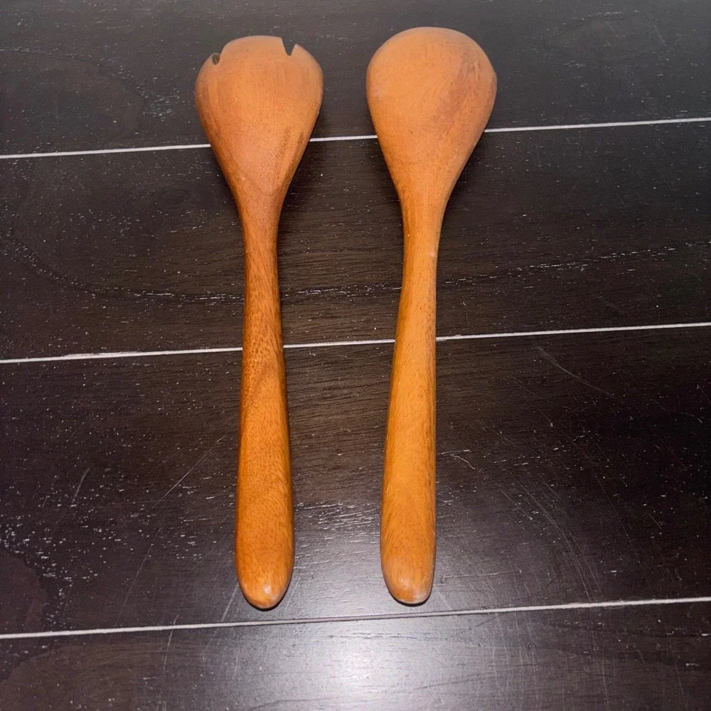 Vintage Mid Century Modern Solid Wood Salad Servers Spoon and Fork Set‎ 12 Inch